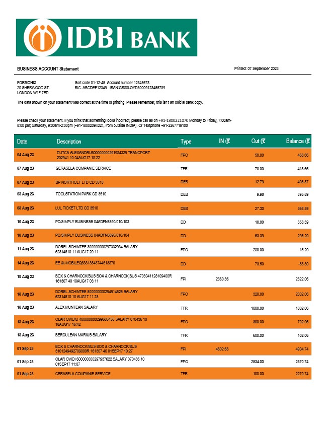 Modèle Word et PDF de relevé de compte d'entreprise IDBI Bank